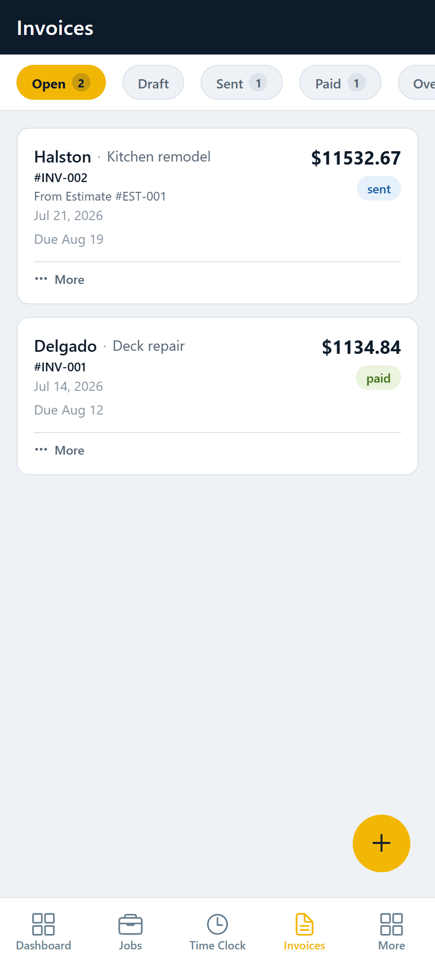 Stedley Invoices screen listing invoices with amounts and paid, draft, and sent statuses